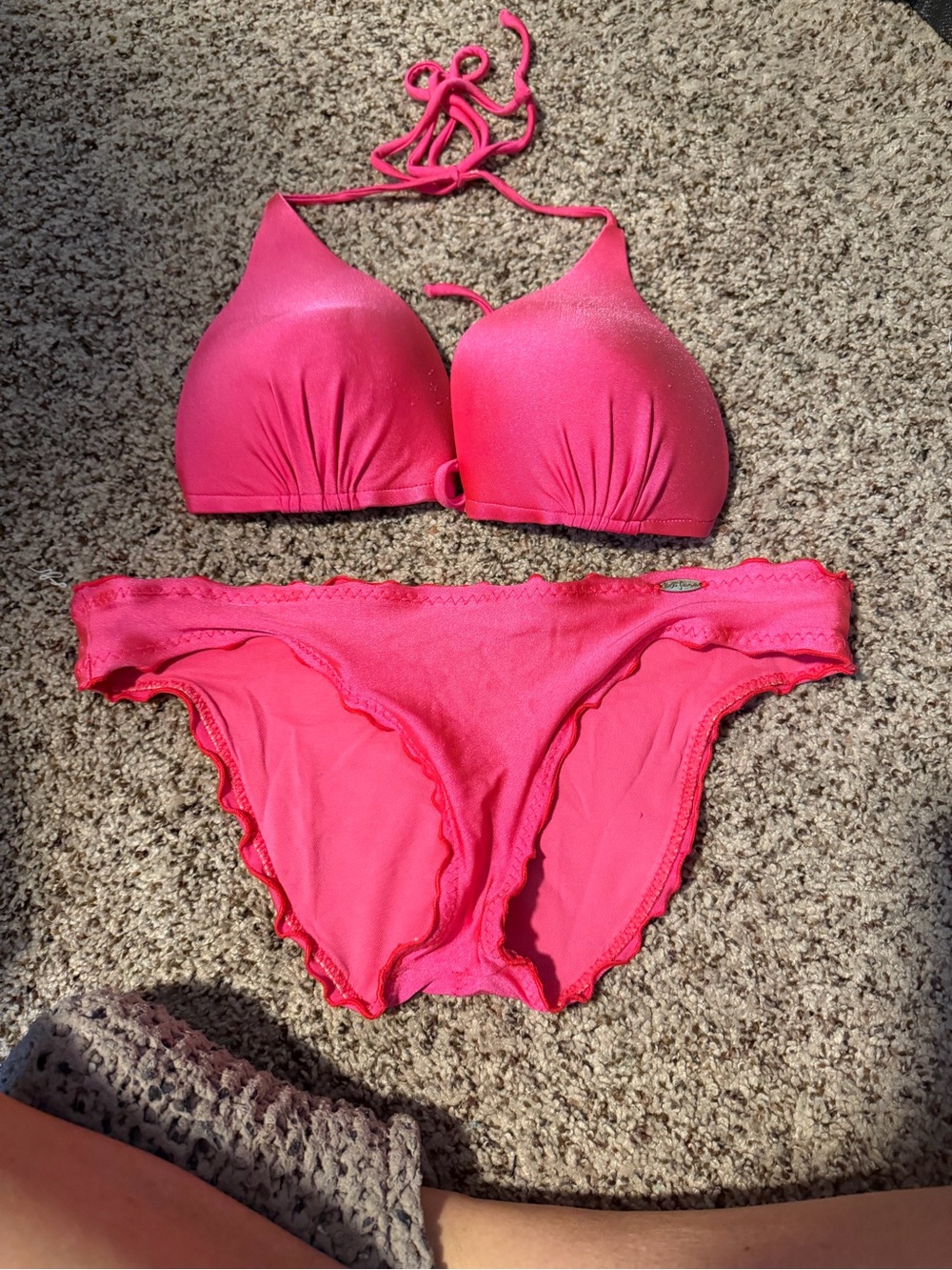 Luli Fama Padded Hot Pink Halter Bikini Set